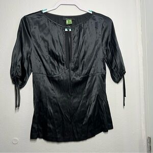 Arden B Black Silk Blend Satin Blouse Size S Tie Sleeve Keyhole Top